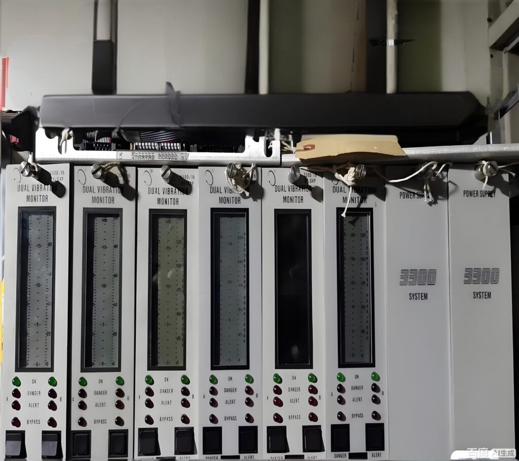 Bently Nevada 3300 system rack with monitor modules and power supplies